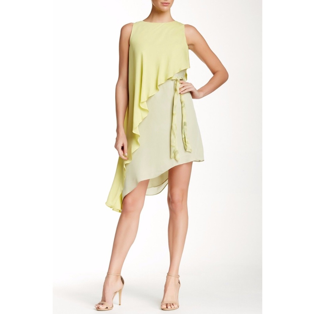 NWD Halston Heritage Silk Sleeveless Asymmetrical Dress Camomile [‎ Small ]